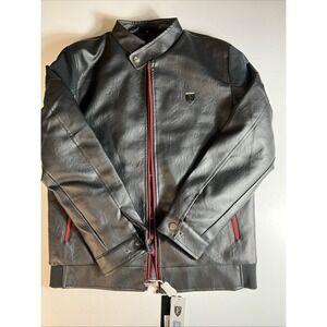 NWT F Collections Men's Medium Black Faux Leather Moto Jacket Red Zippers